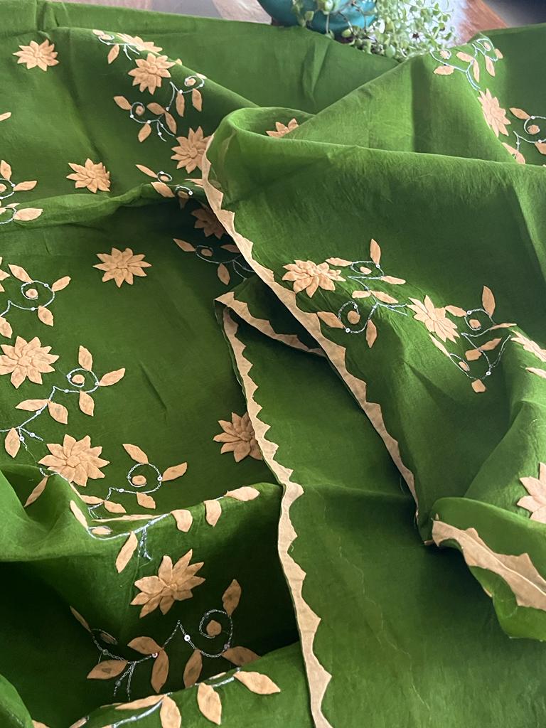 Soft organdy kurta dupatta sets handcrafted Phool Patti work - Mehendi Green with Cream