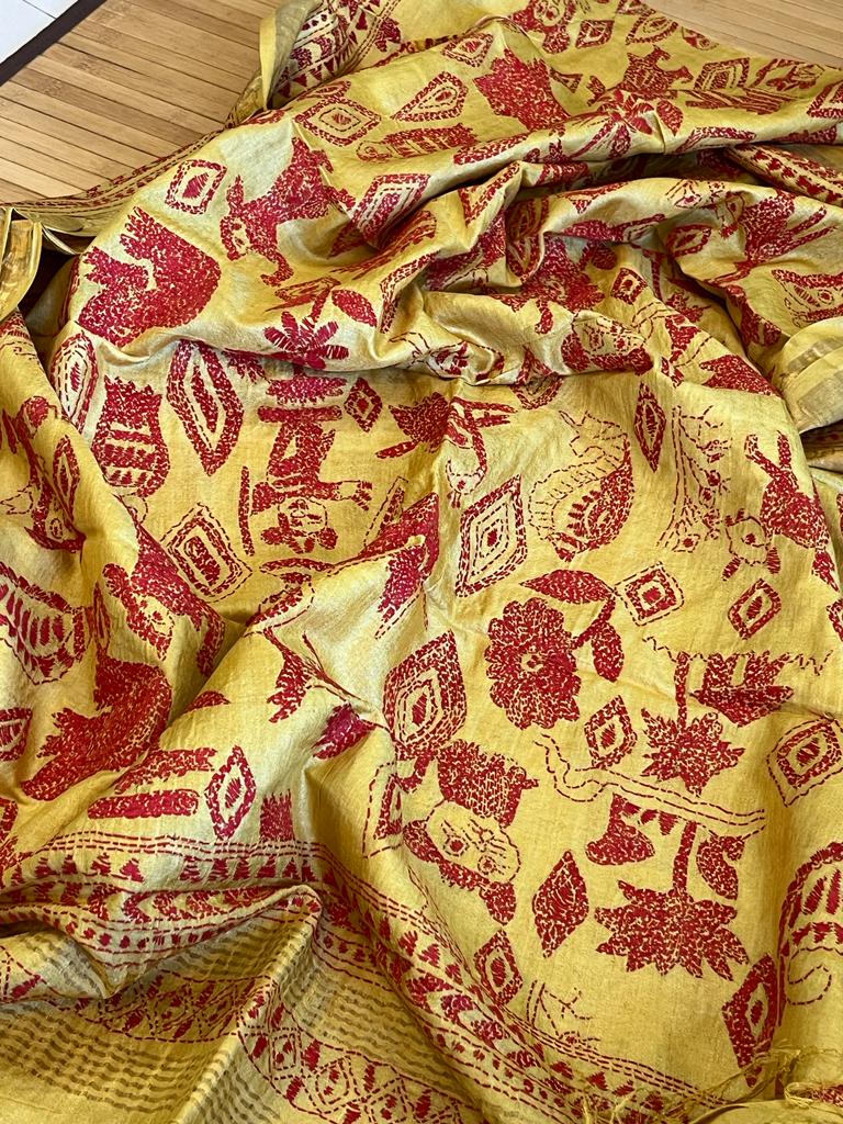 Pure Tussar Silk Handwoven Dupatta with intricate hand kantha embroidery- Yellow