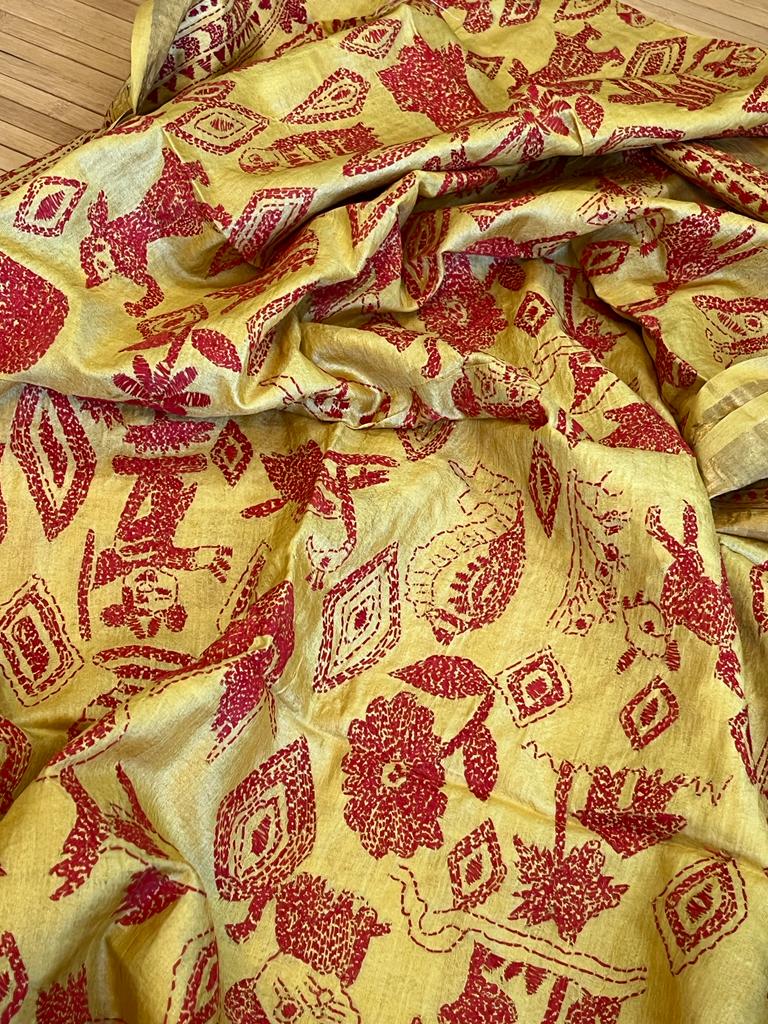 Pure Tussar Silk Handwoven Dupatta with intricate hand kantha embroidery- Yellow