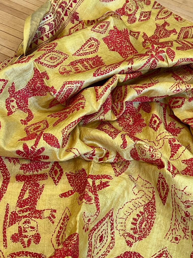 Pure Tussar Silk Handwoven Dupatta with intricate hand kantha embroidery- Yellow