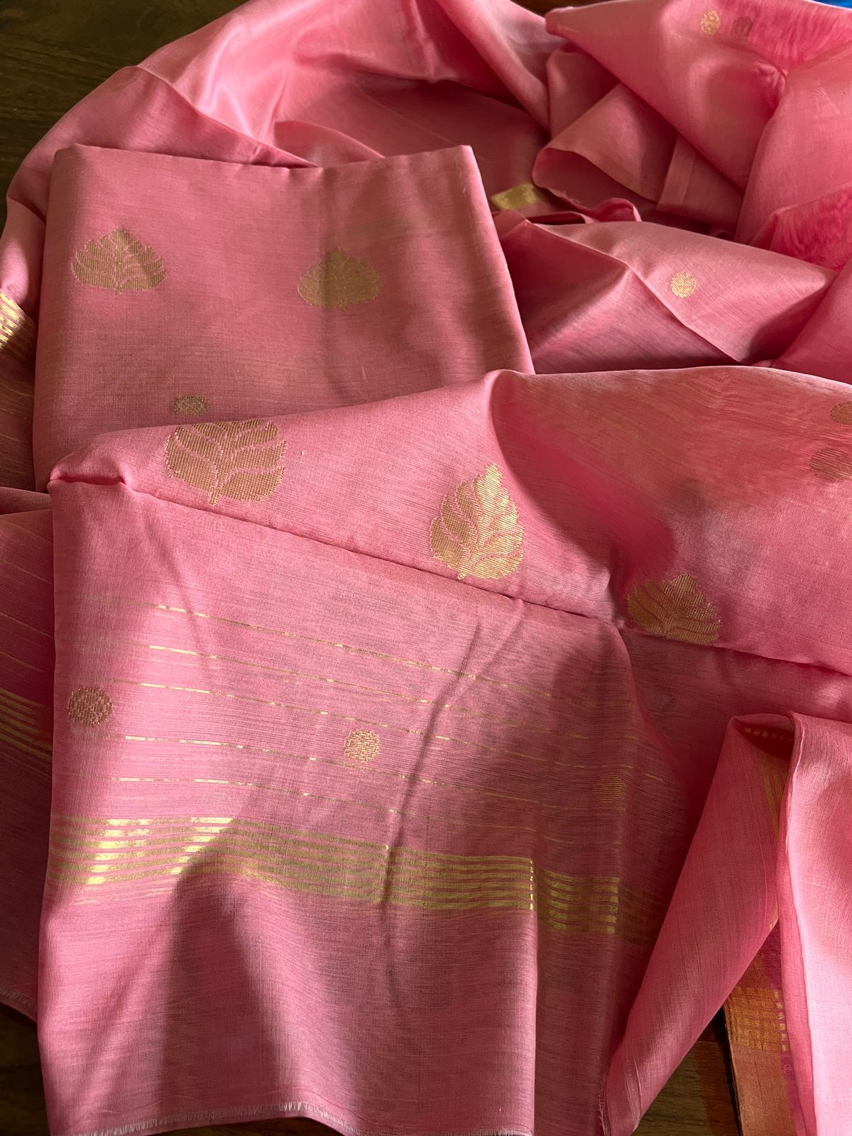 Pure Chanderi Silk zari Handwoven 3 piece Suits - Pastel Peachish Pink