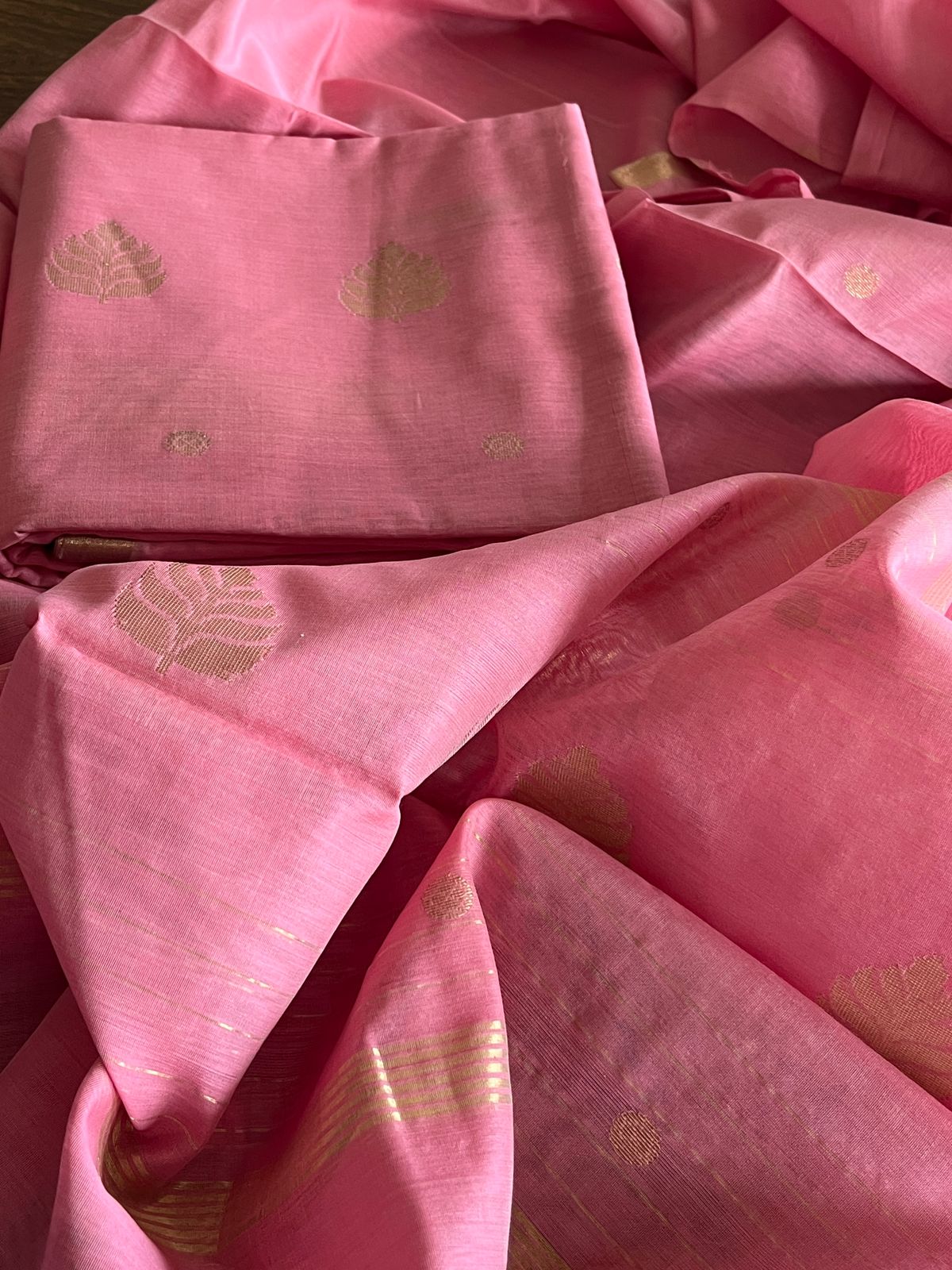 Pure Chanderi Silk zari Handwoven 3 piece Suits - Pastel Peachish Pink