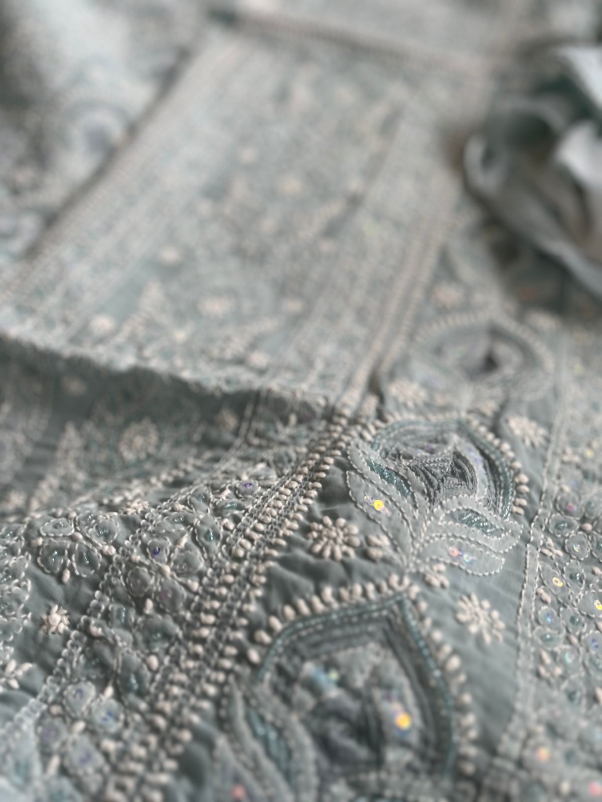 Pure cotton 3 piece Party Wear suit with pearl work - Bluish Grey