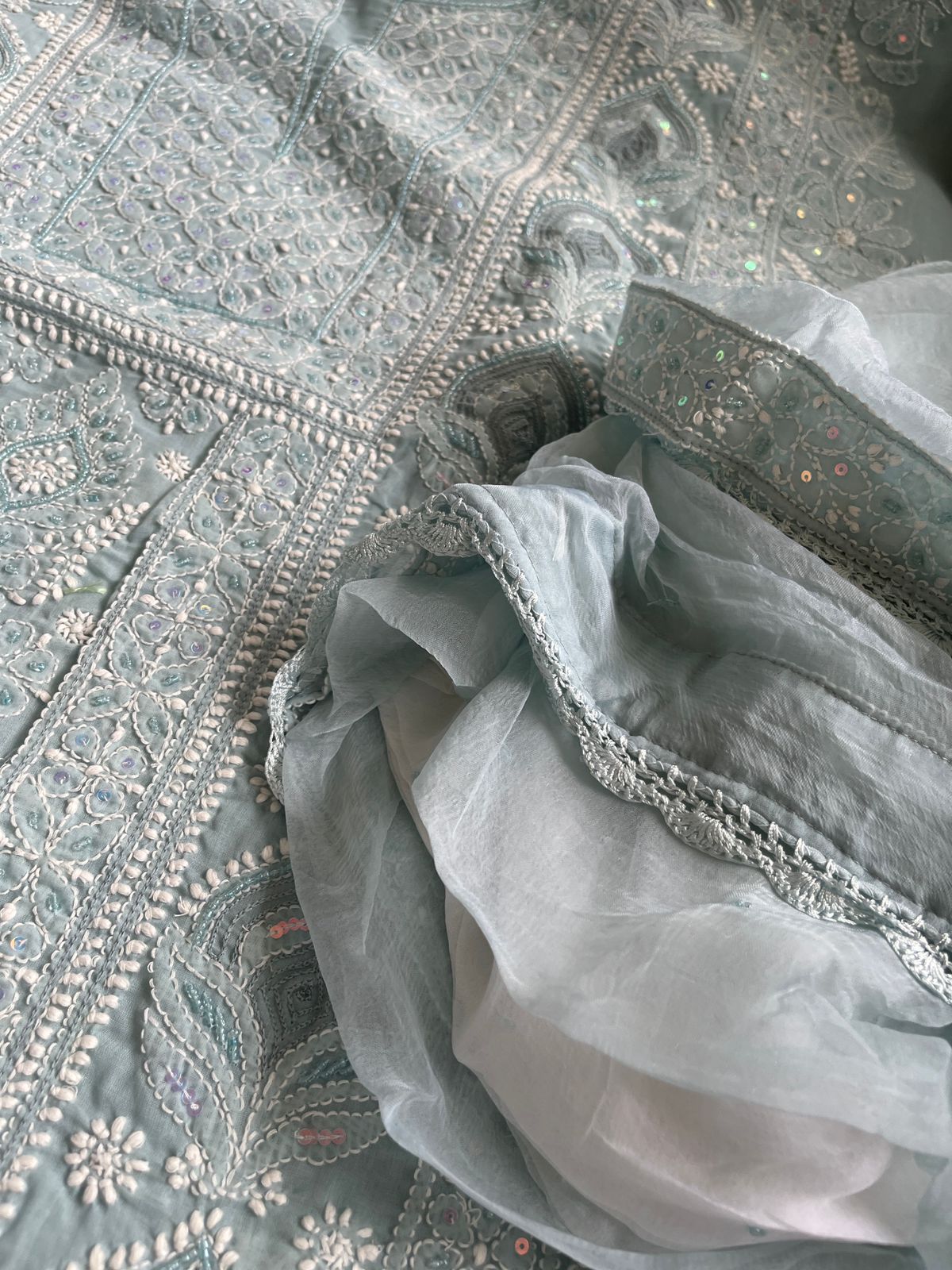 Pure cotton 3 piece Party Wear suit with pearl work - Bluish Grey