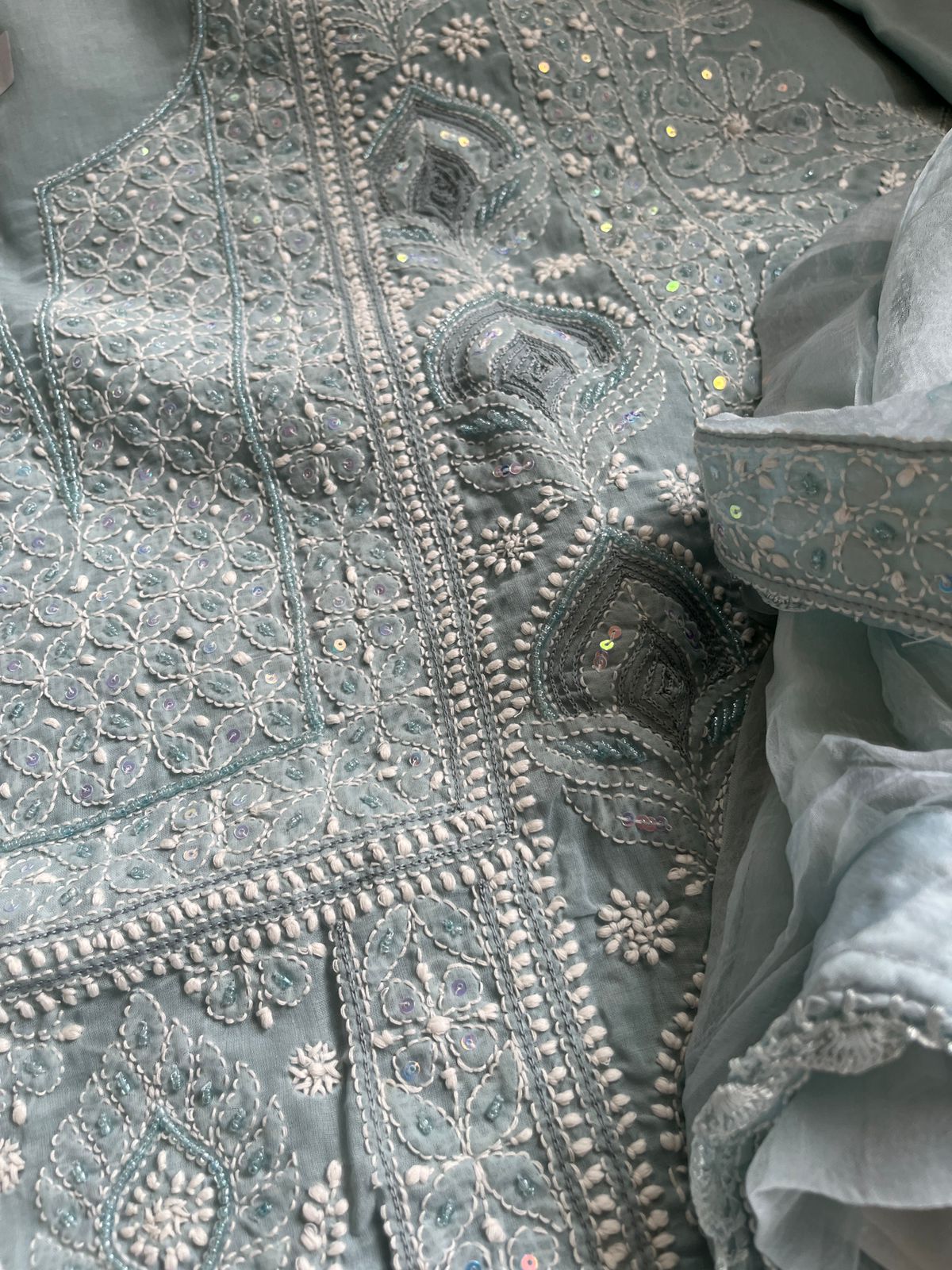 Pure cotton 3 piece Party Wear suit with pearl work - Bluish Grey