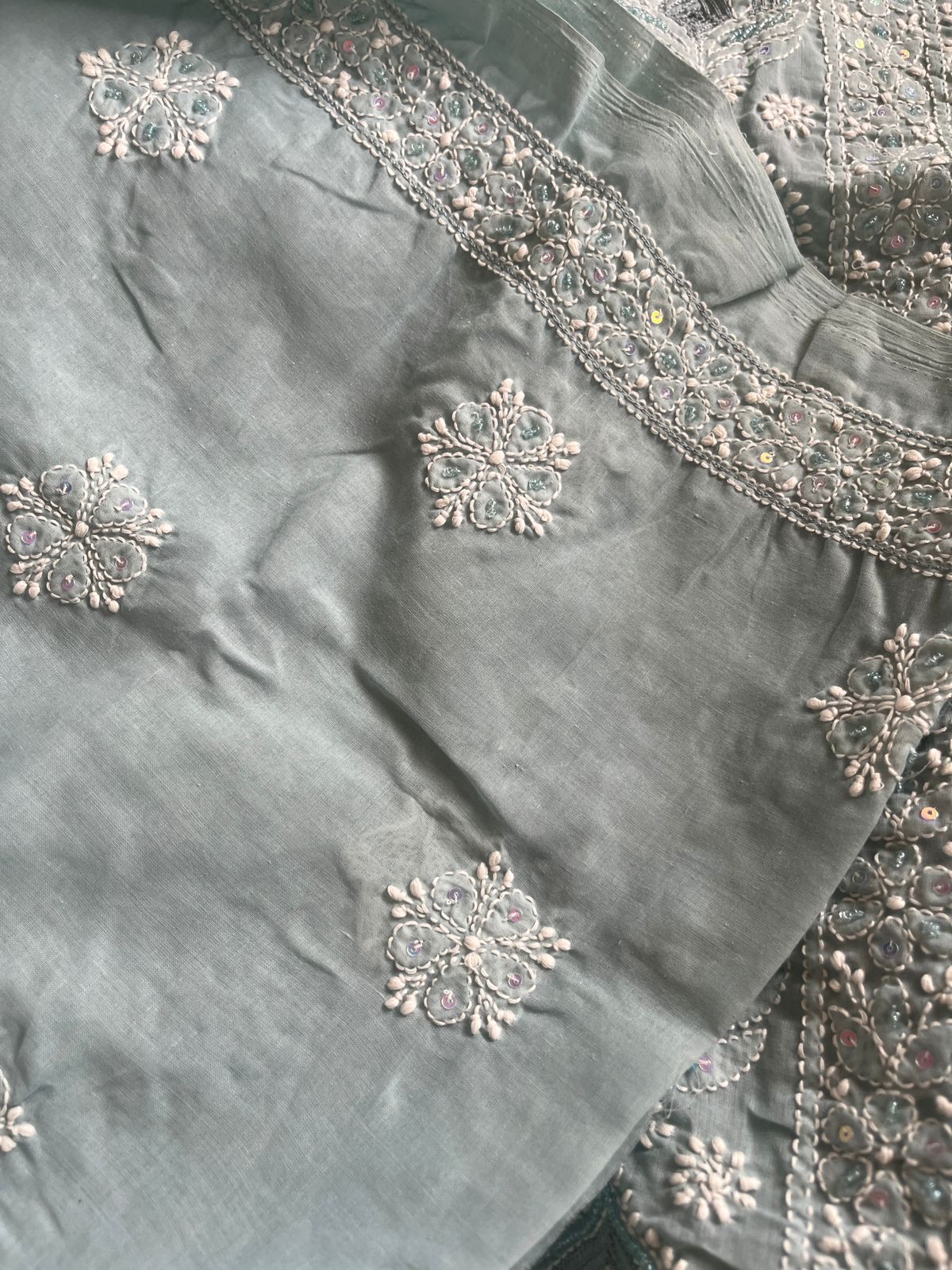 Pure cotton 3 piece Party Wear suit with pearl work - Bluish Grey