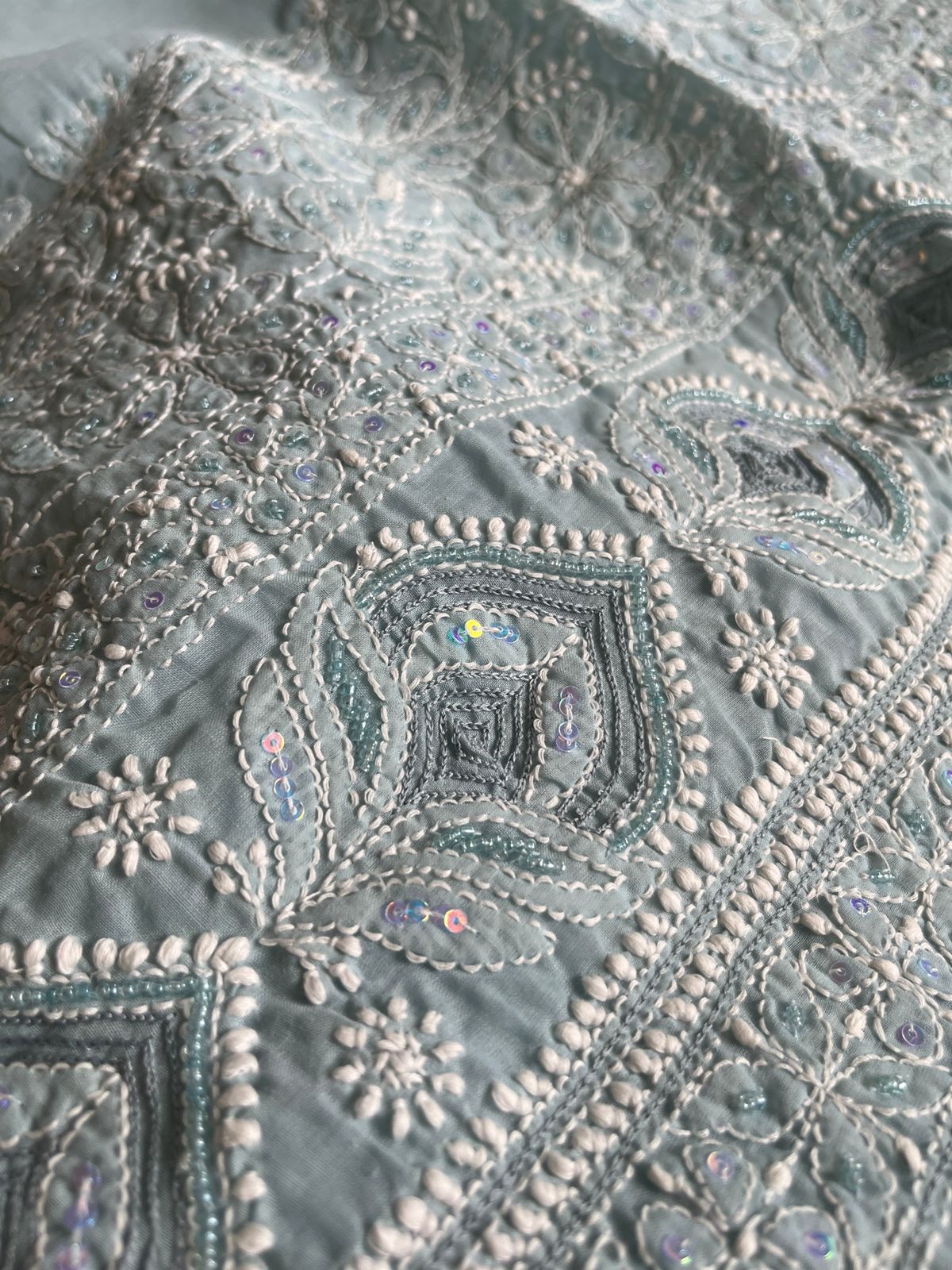 Pure cotton 3 piece Party Wear suit with pearl work - Bluish Grey