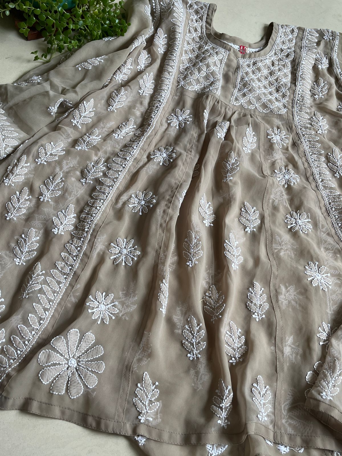 Anarkali Short Top Kurti - Beige with white