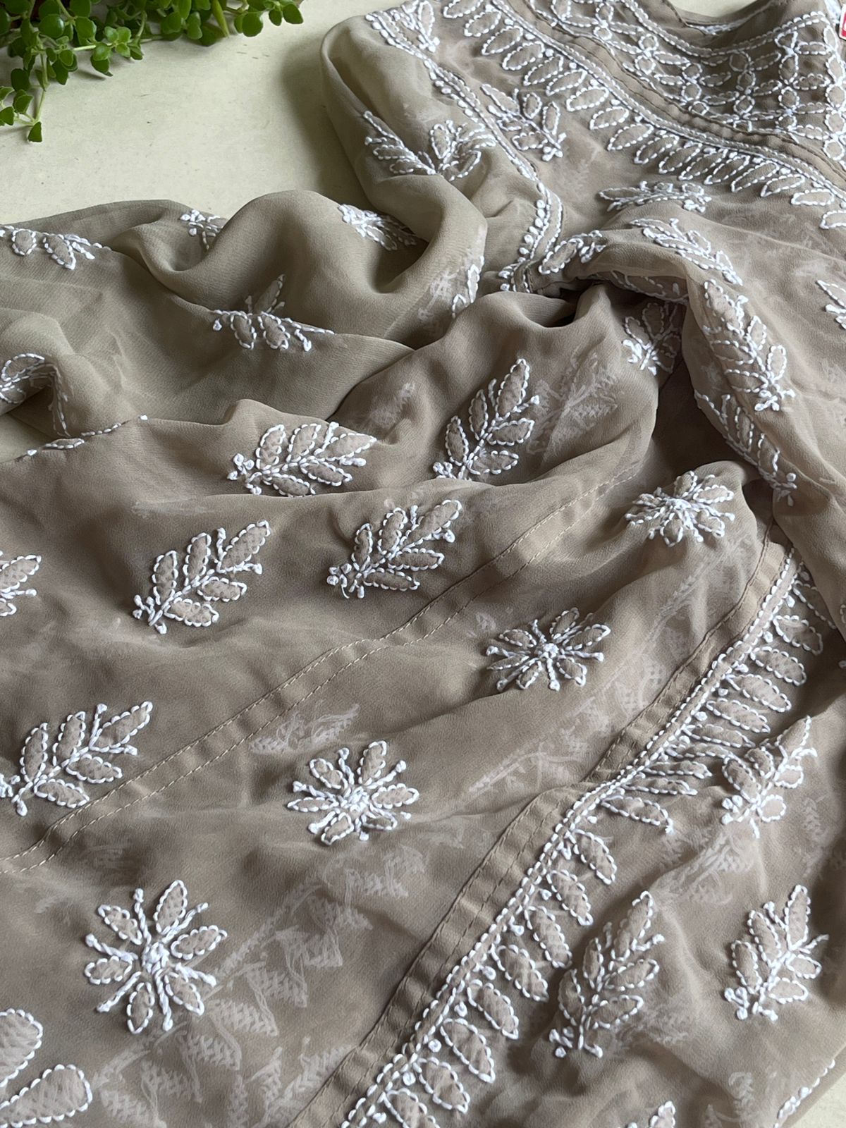 Anarkali Short Top Kurti - Beige with white