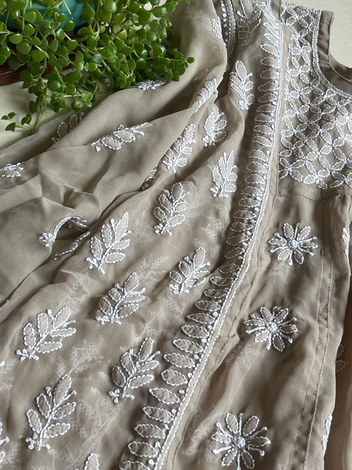 Anarkali Short Top Kurti - Beige with white