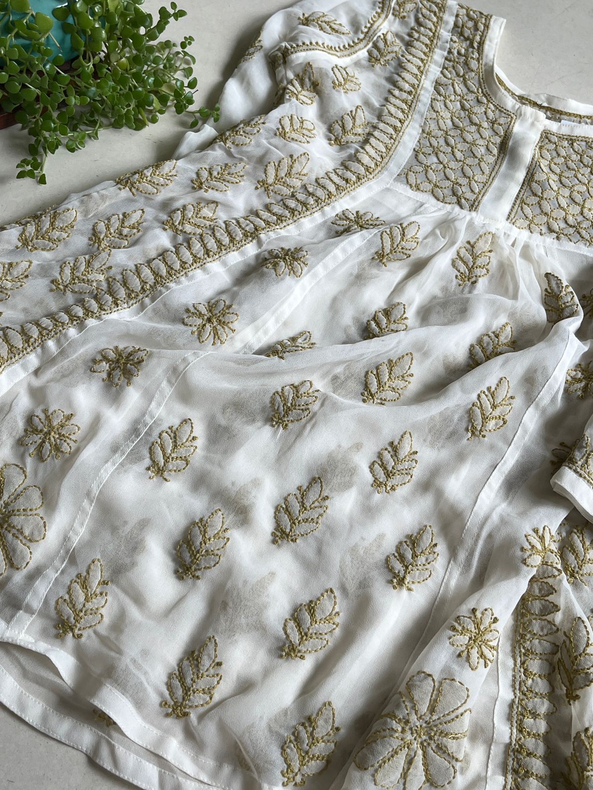 Anarkali Short Top Kurti - Cream with Green