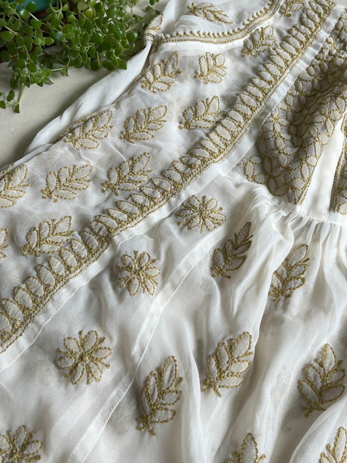 Anarkali Short Top Kurti - Cream with Green