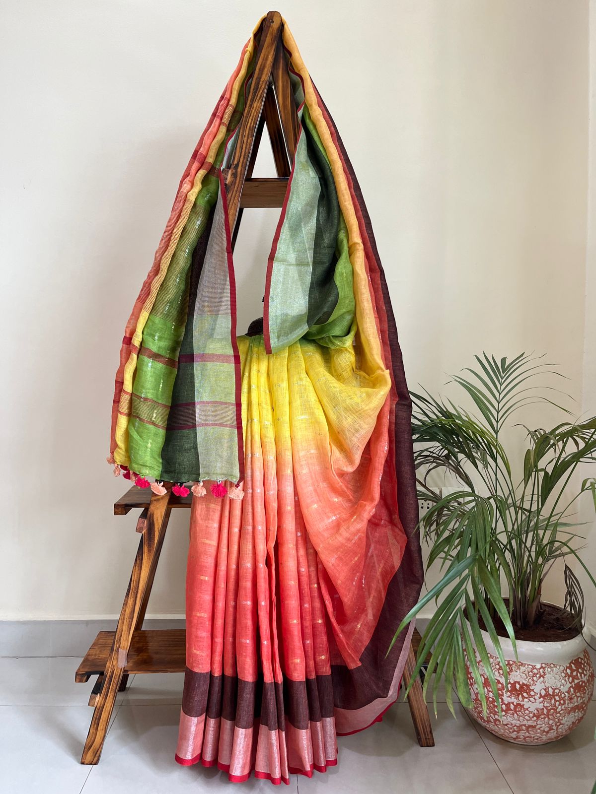 Beautiful handloom festive linen saree with intricate zari weaving- Multicolour with Silver and Gold
