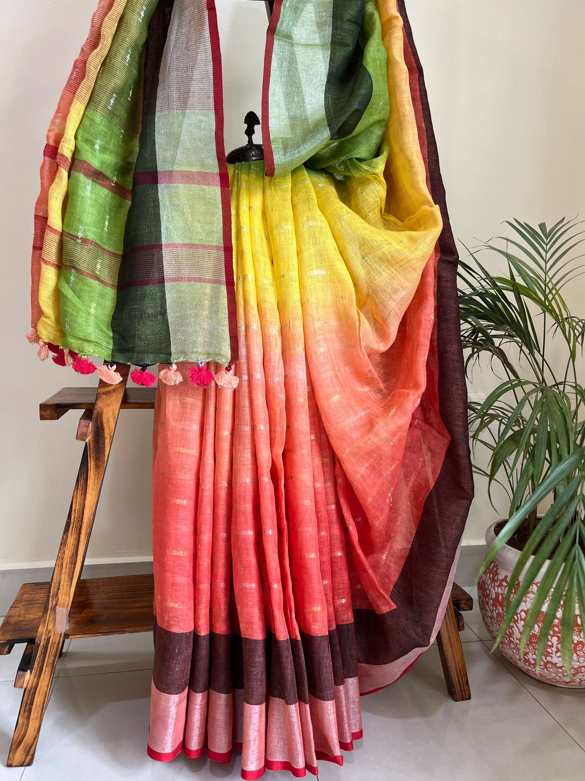 Beautiful handloom festive linen saree with intricate zari weaving- Multicolour with Silver and Gold