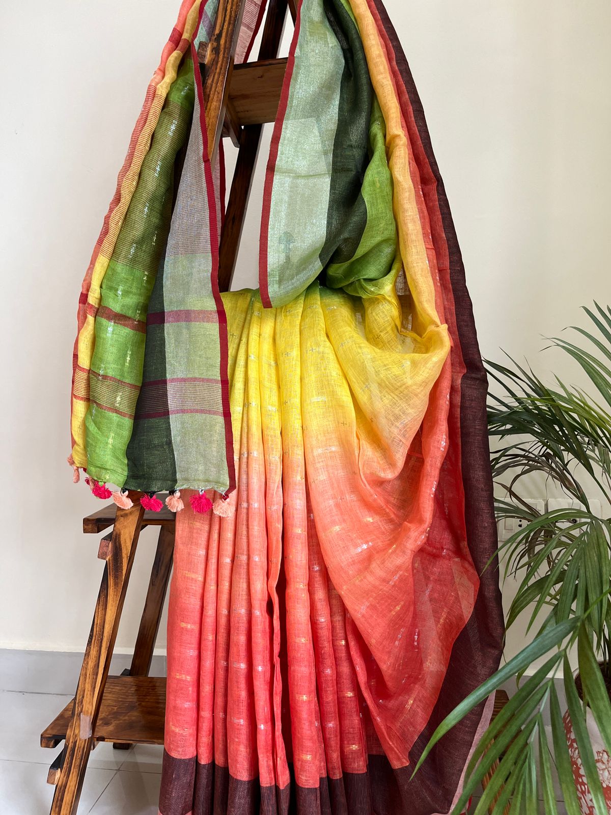 Beautiful handloom festive linen saree with intricate zari weaving- Multicolour with Silver and Gold