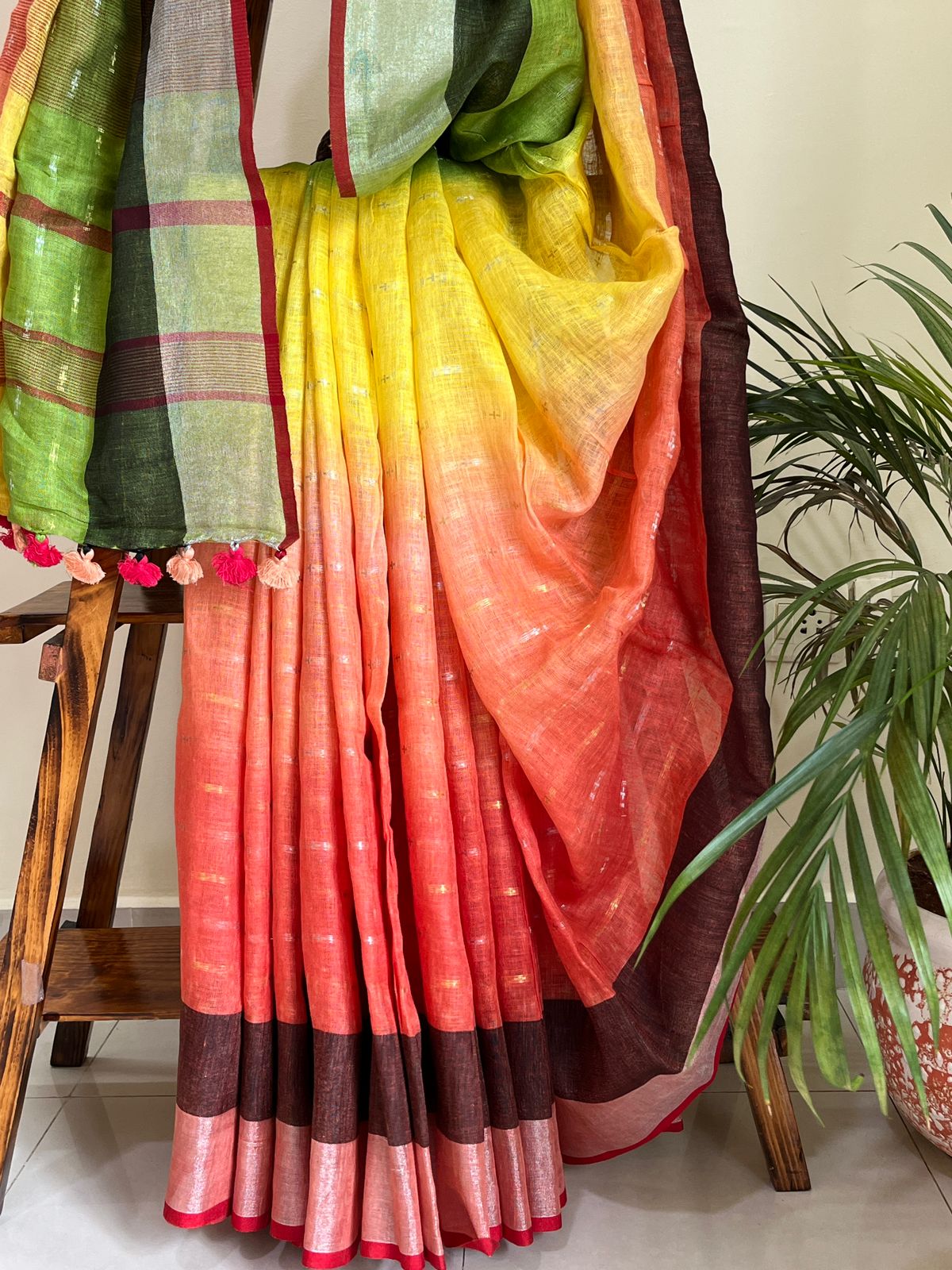 Beautiful handloom festive linen saree with intricate zari weaving- Multicolour with Silver and Gold