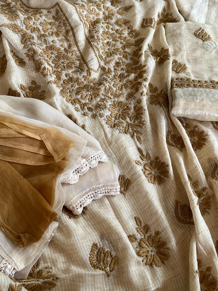 Very exclusive Pure Cotton Kota chikankari embroidery suit with Linen Bottom - Beige