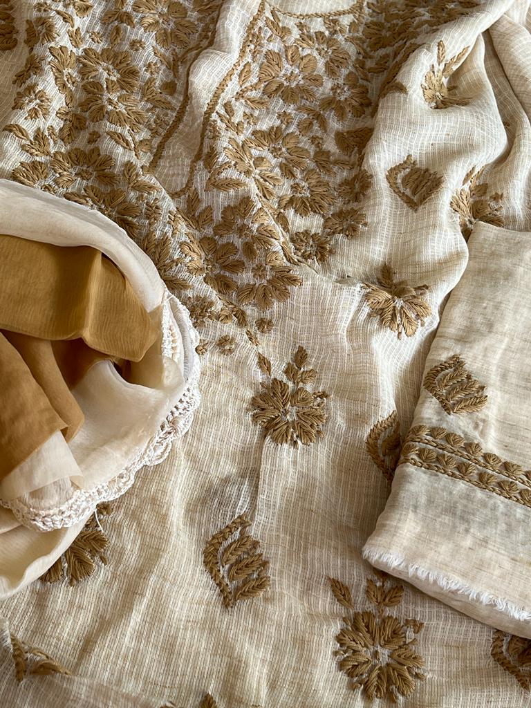 Very exclusive Pure Cotton Kota chikankari embroidery suit with Linen Bottom - Beige