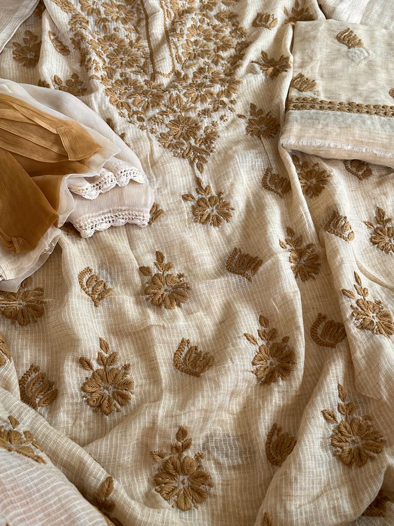 Very exclusive Pure Cotton Kota chikankari embroidery suit with Linen Bottom - Beige