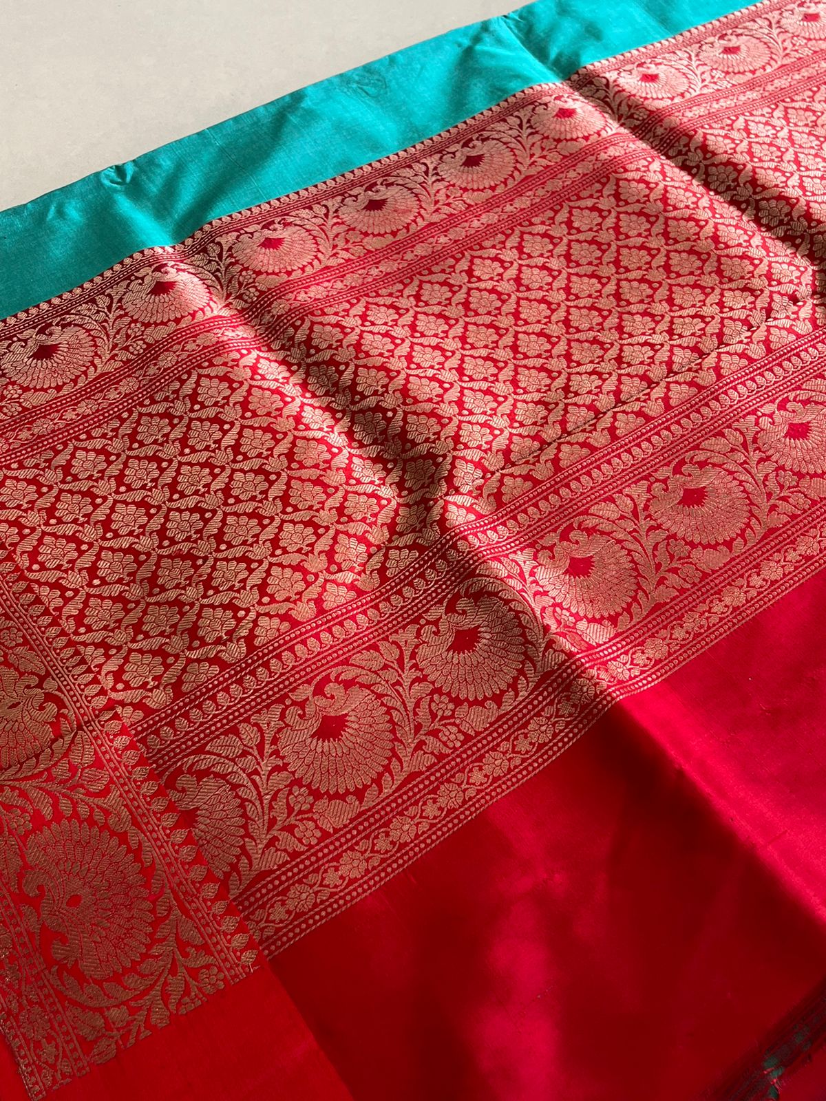 Pure Handloom Banarasi Katan Silk saree - Teal with Red