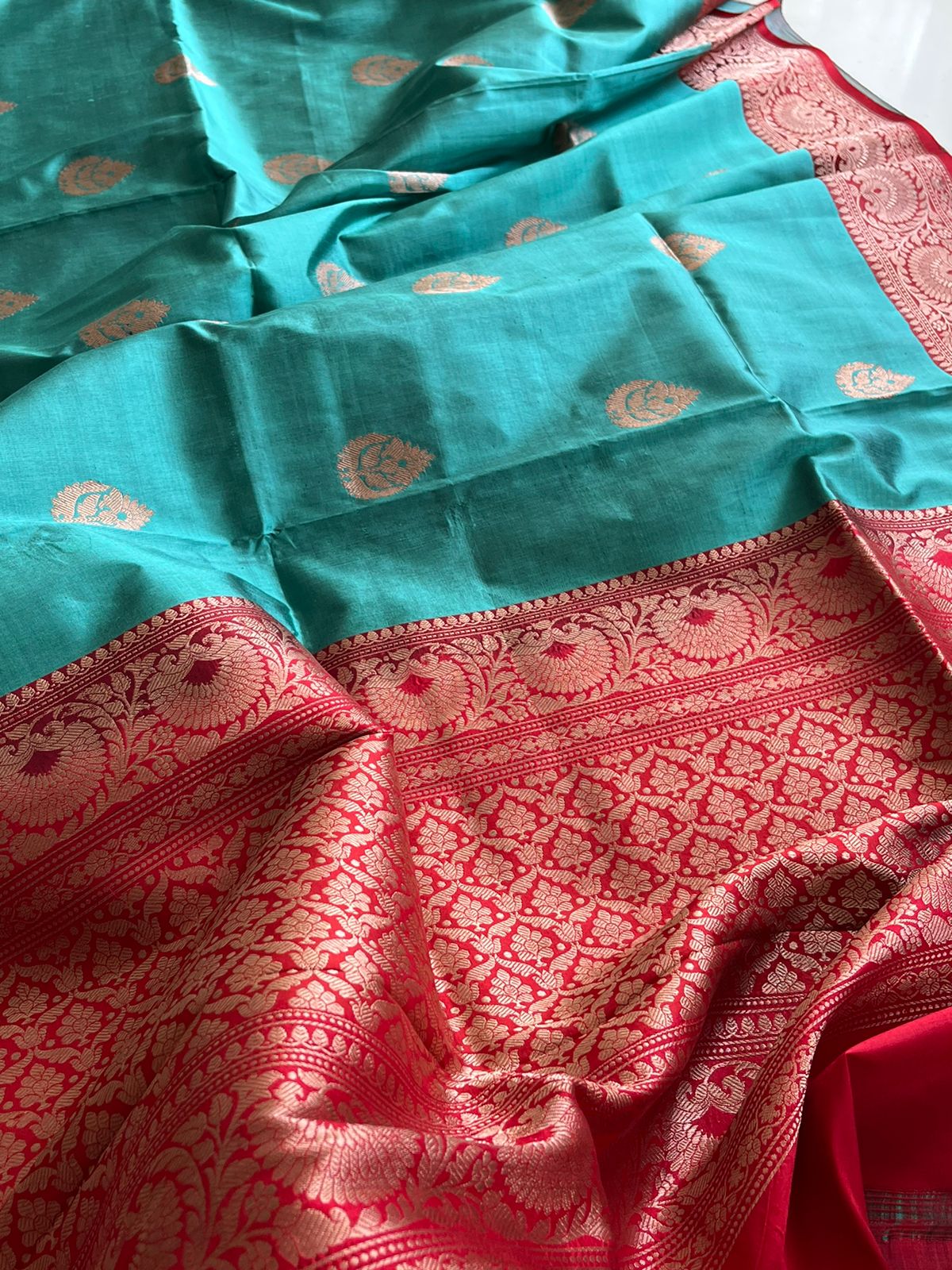 Pure Handloom Banarasi Katan Silk saree - Teal with Red