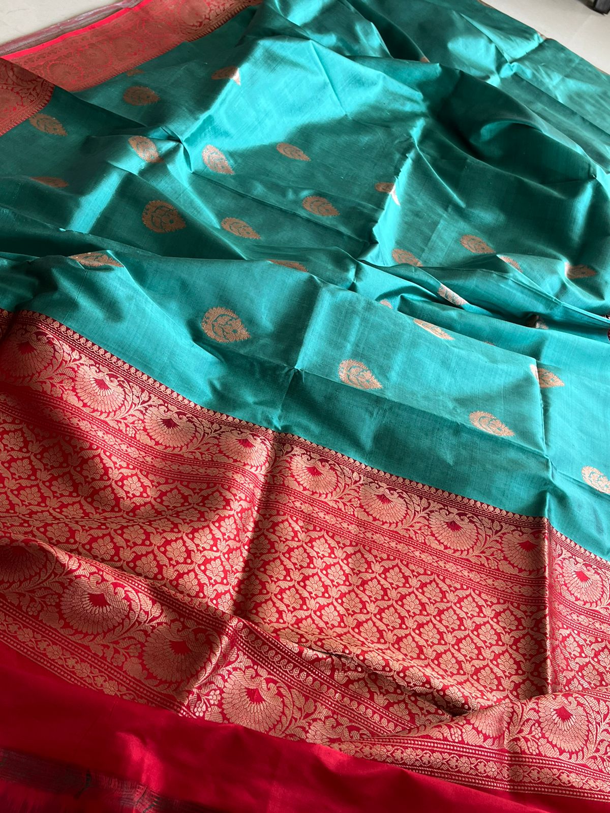 Pure Handloom Banarasi Katan Silk saree - Teal with Red