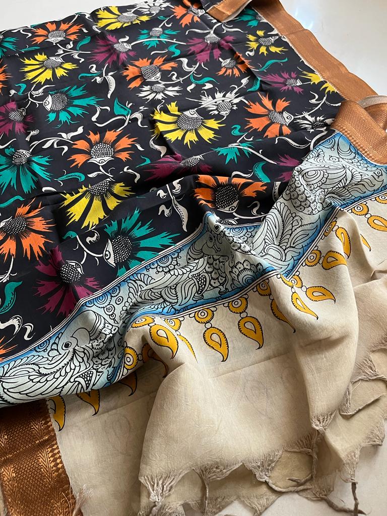Bangalore Silk Kalamkari Handpainted Dupatta- Multicolor