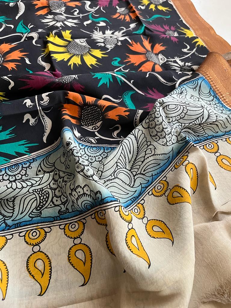 Bangalore Silk Kalamkari Handpainted Dupatta- Multicolor