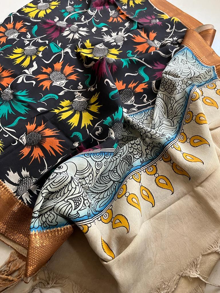 Bangalore Silk Kalamkari Handpainted Dupatta- Multicolor
