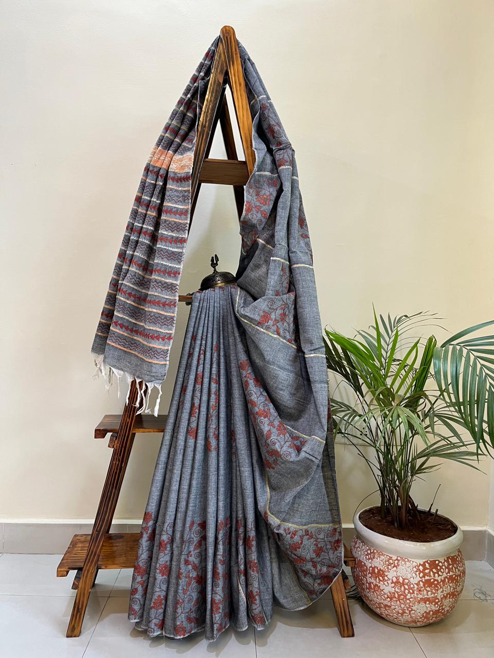 Pure Khesh cotton saree with Kantha hand embroidery