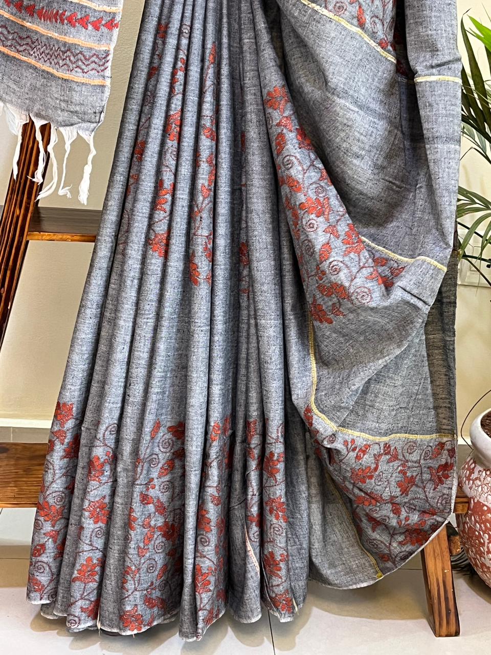 Pure Khesh cotton saree with Kantha hand embroidery