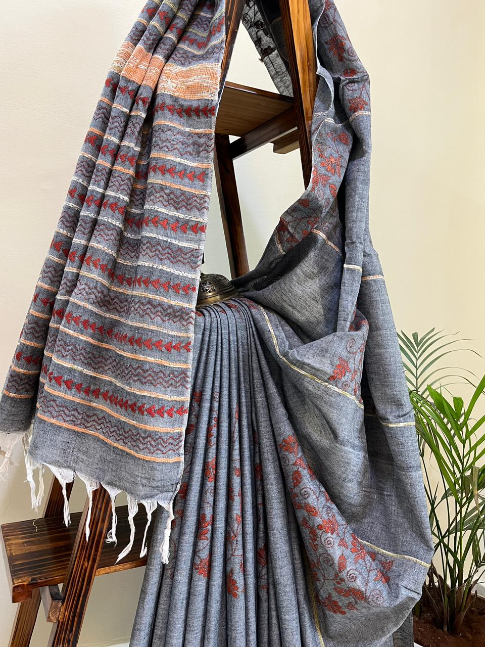 Pure Khesh cotton saree with Kantha hand embroidery