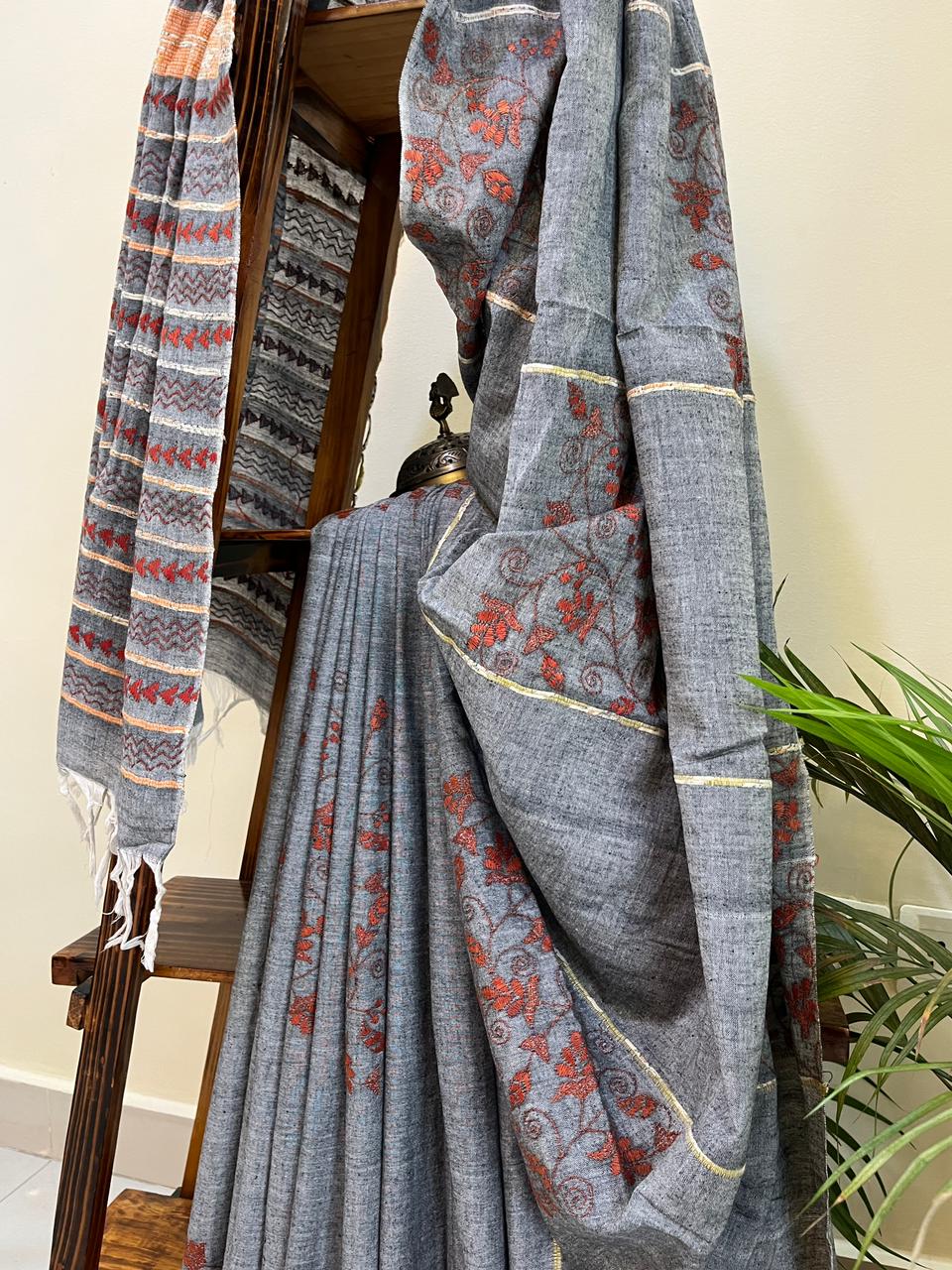 Pure Khesh cotton saree with Kantha hand embroidery