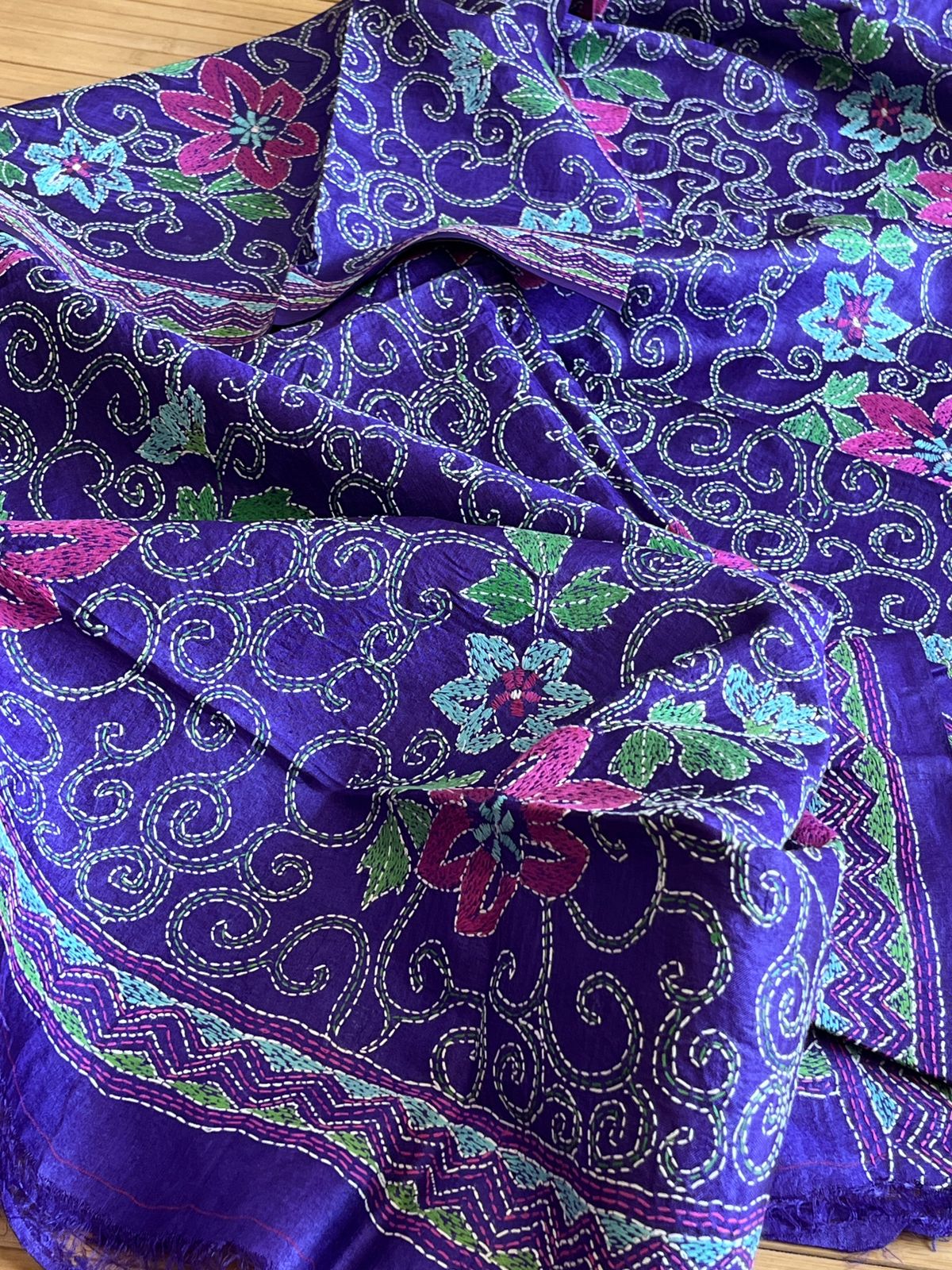 Pure Tussar Silk Handwoven Dupatta with intricate hand kantha embroidery - Purple