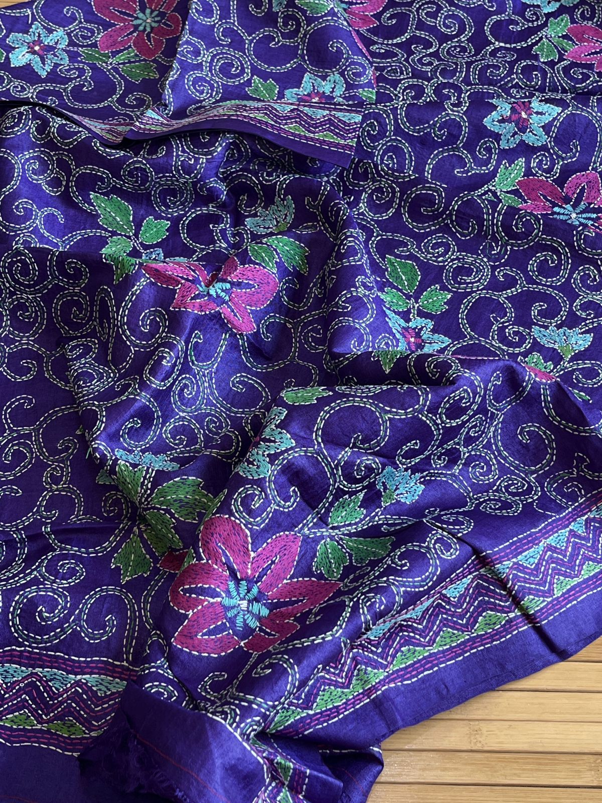 Pure Tussar Silk Handwoven Dupatta with intricate hand kantha embroidery - Purple