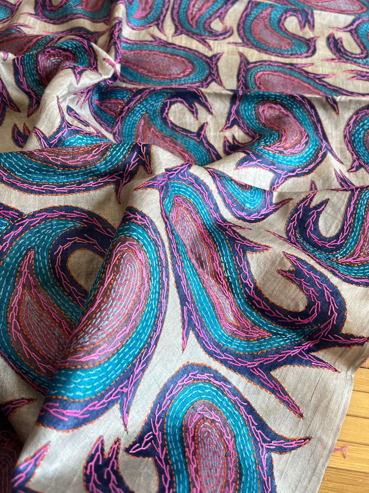 Pure Tussar Silk Handwoven Dupatta with intricate hand kantha embroidery - Light Grey