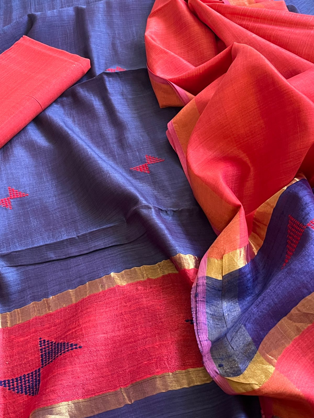 Pure Silk Handwoven suit with buttis - Blue With Red