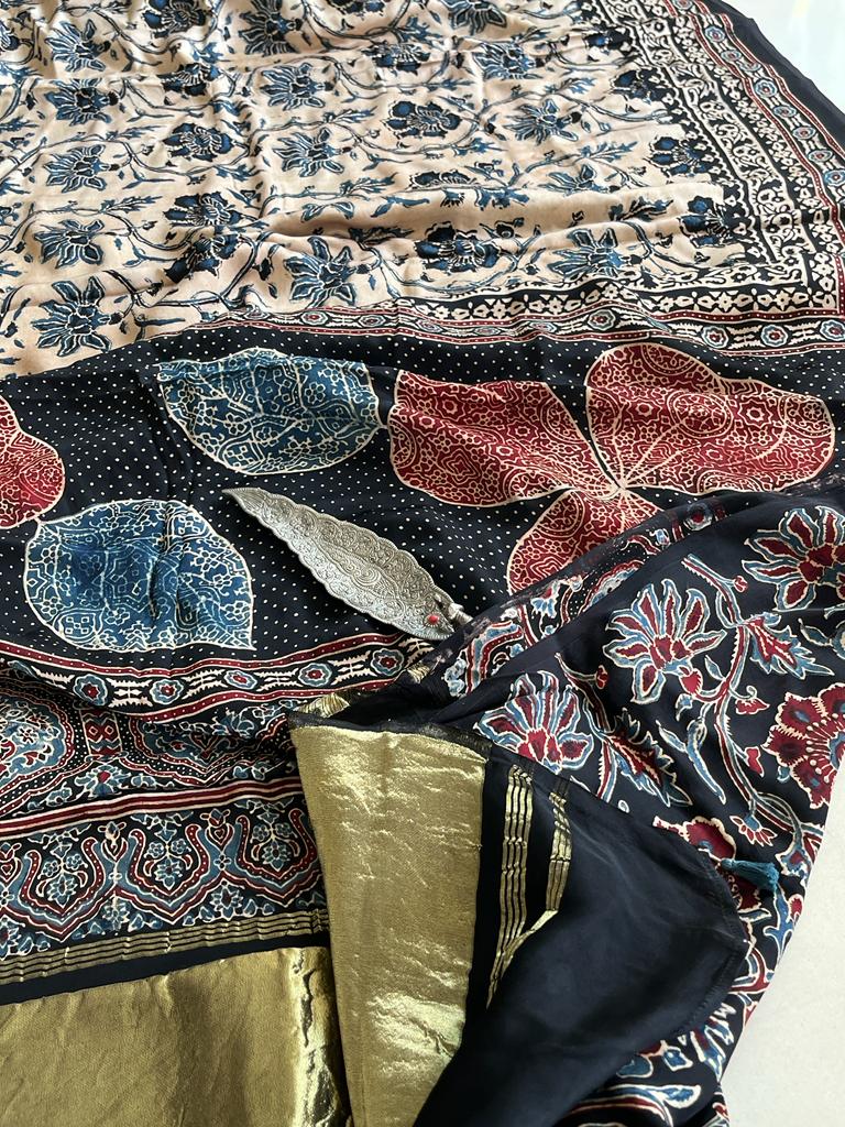 Beautiful handblock printed AJRAKH Modal Silk Saree