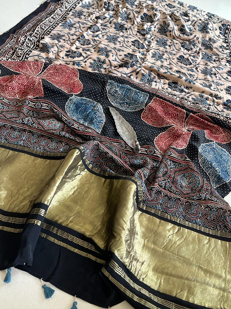 Beautiful handblock printed AJRAKH Modal Silk Saree