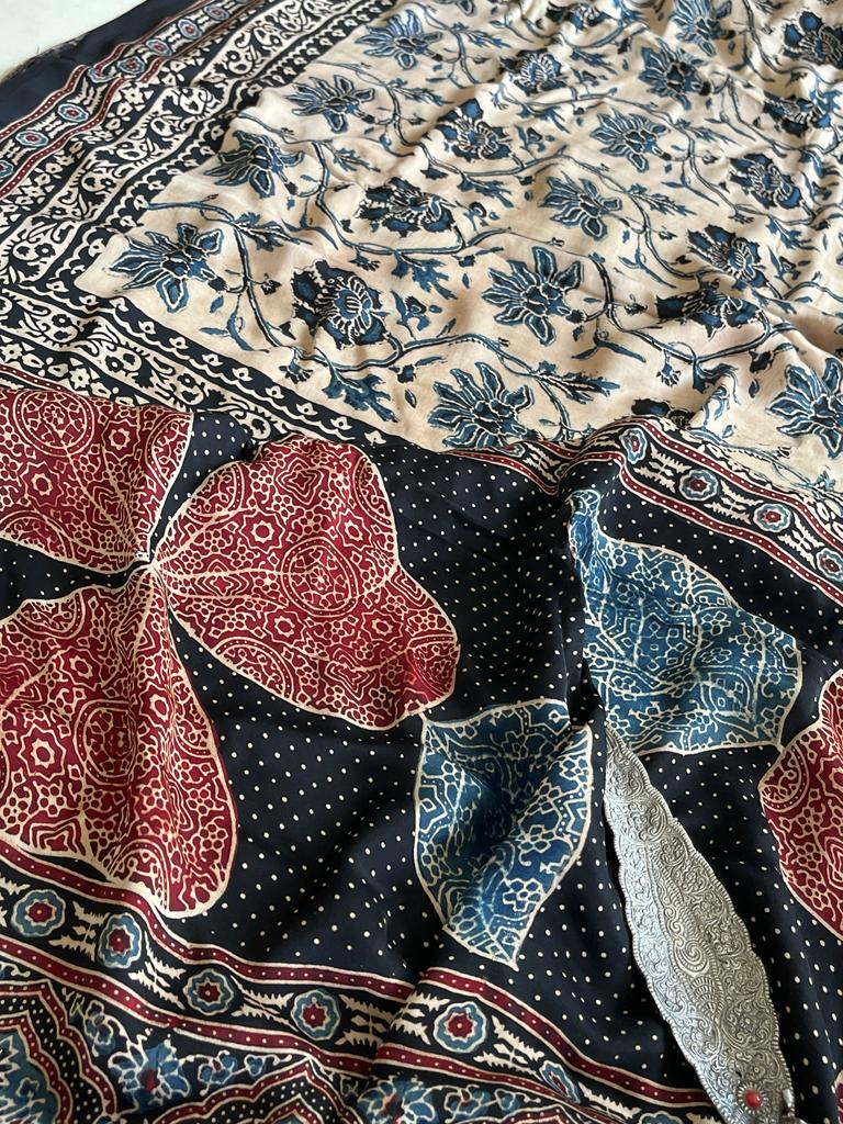 Beautiful handblock printed AJRAKH Modal Silk Saree