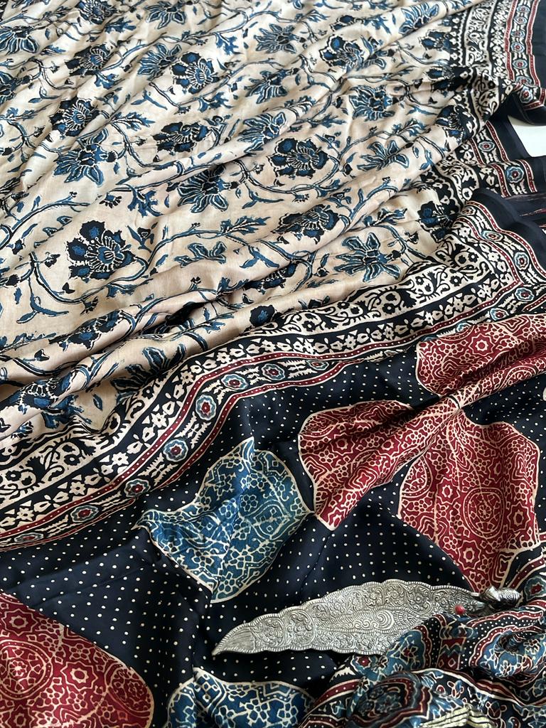 Beautiful handblock printed AJRAKH Modal Silk Saree