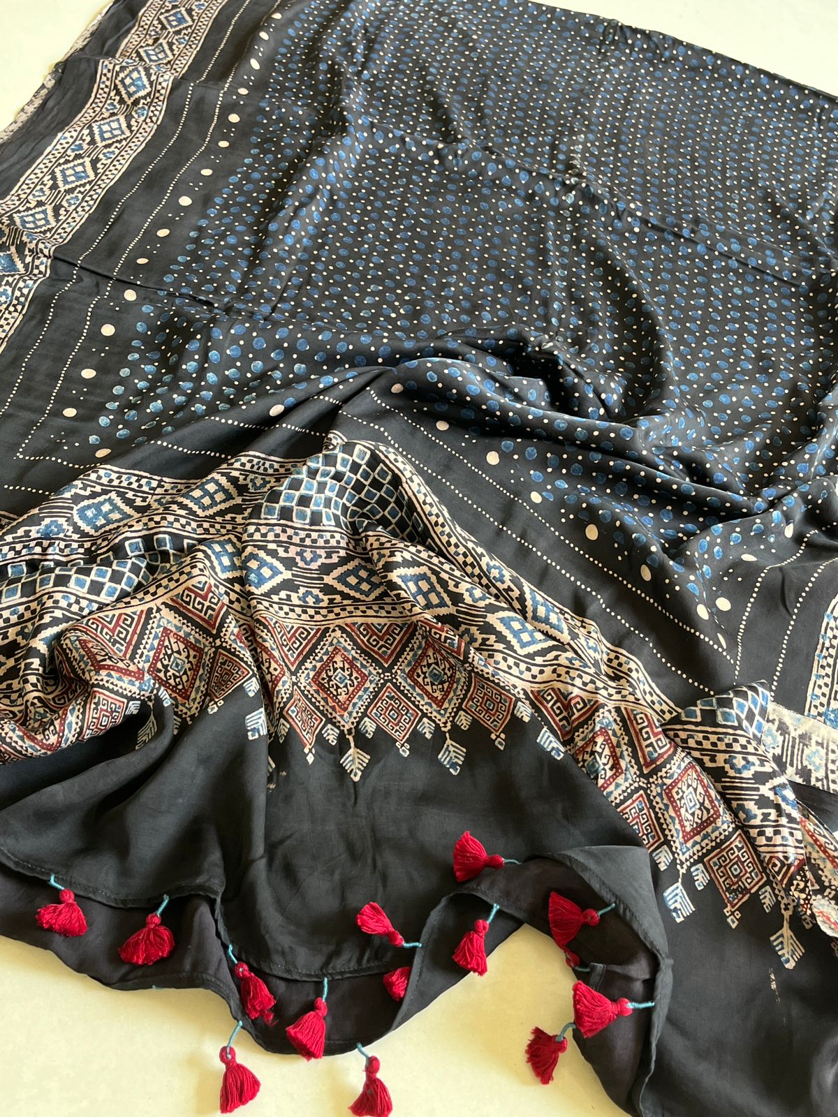 Beautiful handblock printed Modal Silk Dupattas- Black