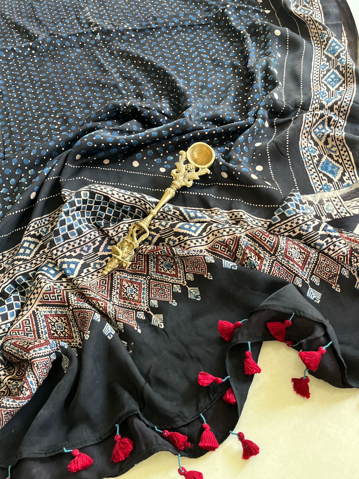 Beautiful handblock printed Modal Silk Dupattas- Black