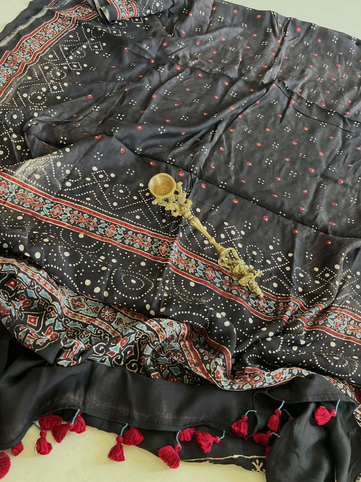 Beautiful handblock printed Modal Silk Dupattas- Black