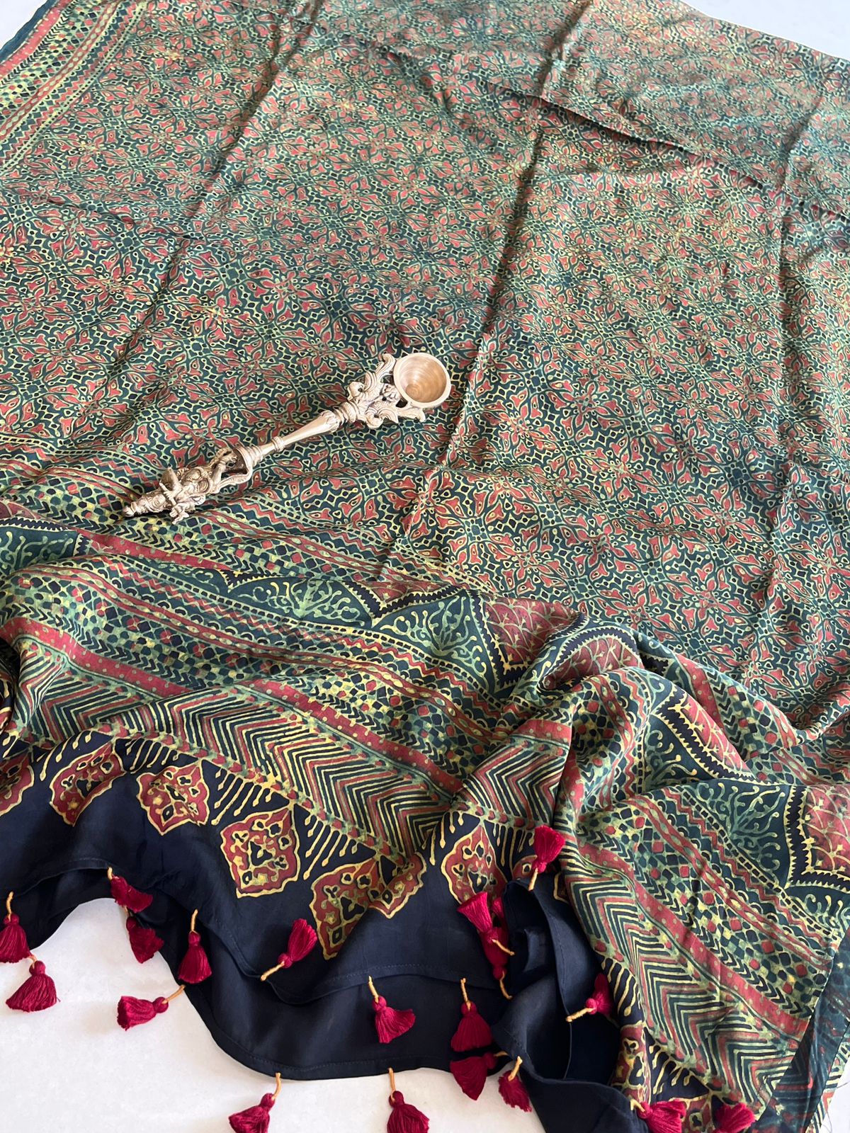 Beautiful handblock printed Modal Silk Dupattas- Green