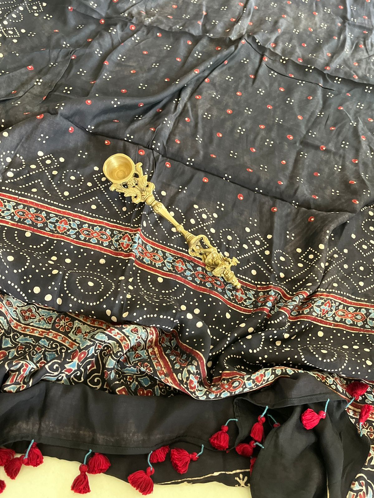 Beautiful handblock printed Modal Silk Dupattas- Black