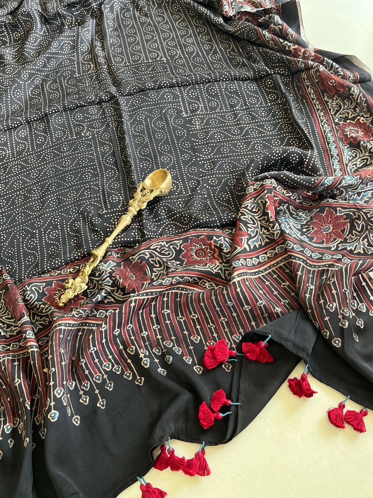 Beautiful handblock printed Modal Silk Dupattas- Black