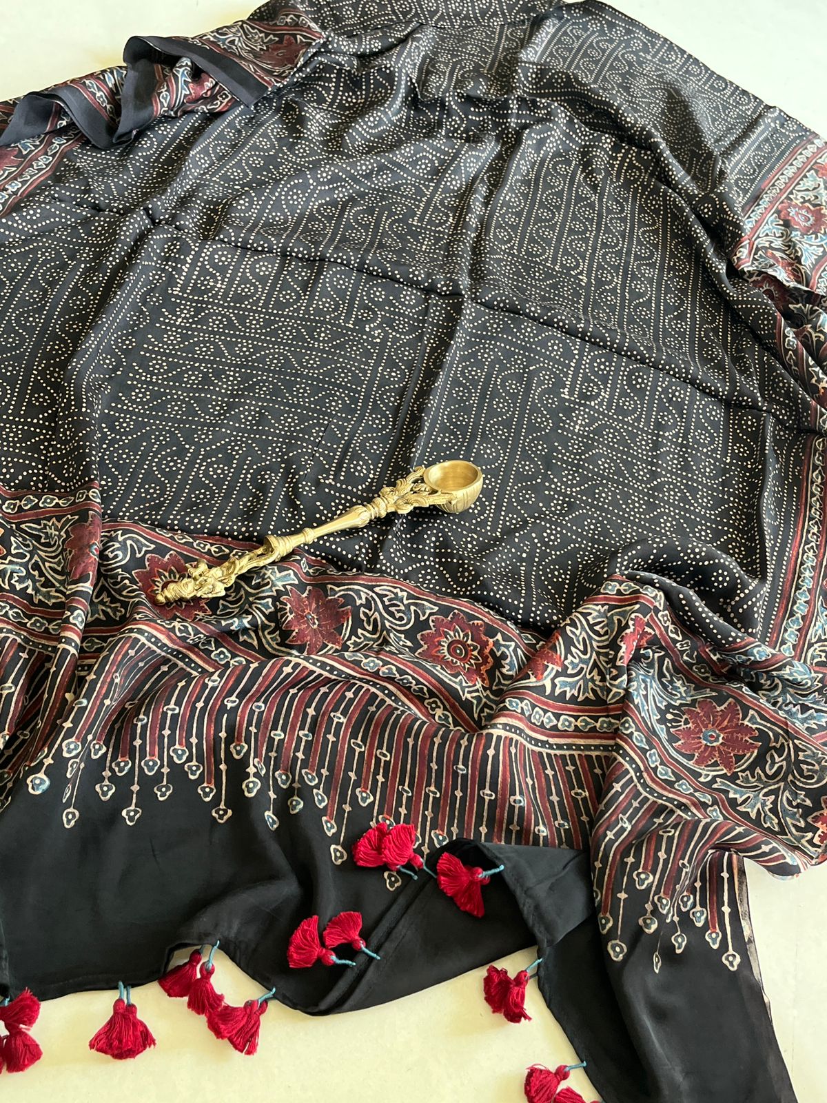 Beautiful handblock printed Modal Silk Dupattas- Black