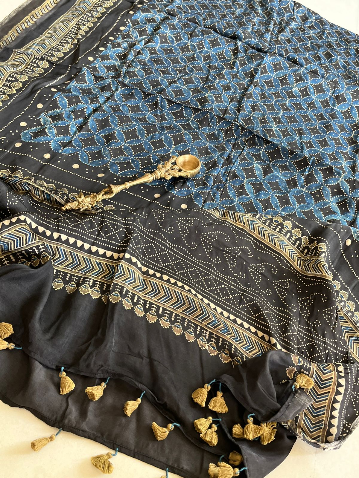Beautiful handblock printed Modal Silk Dupattas- Blue