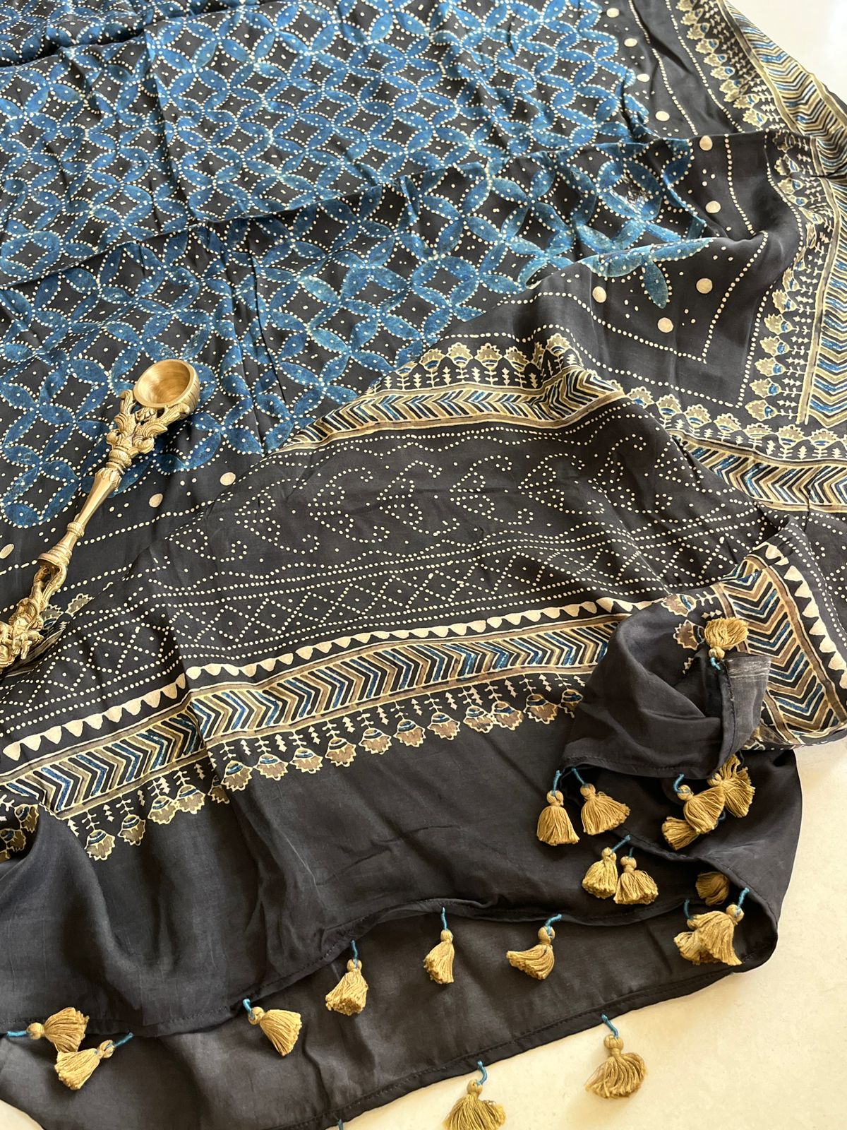 Beautiful handblock printed Modal Silk Dupattas- Blue